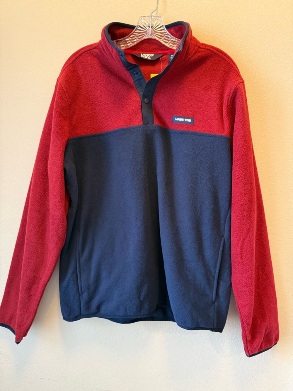 Land’s End Men Colorblock Burgundy Red Soft Fleece MD Quarter Button Sweater NWT - Picture 2 of 14